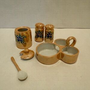 Vintage Lusterware salt & pepper w/tray condiment jar lid and spoon hand painted